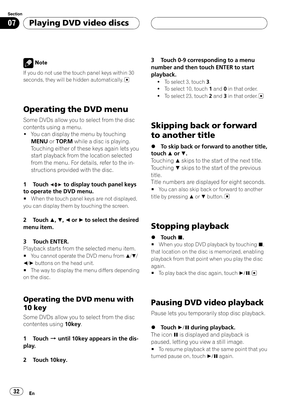 Operating the dvd menu, Skipping back or forward to another title, Stopping playback | Pausing dvd video playback, Playing dvd video discs | Pioneer AVH-P5700DVD User Manual | Page 32 / 116