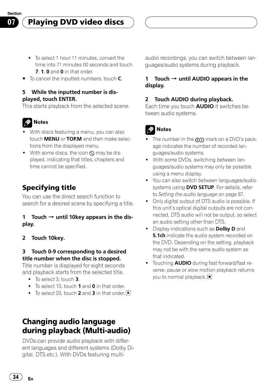 Changing audio language during playback, Multi-audio) 34, Playing dvd video discs | Specifying title | Pioneer AVH-P5700DVD User Manual | Page 34 / 116