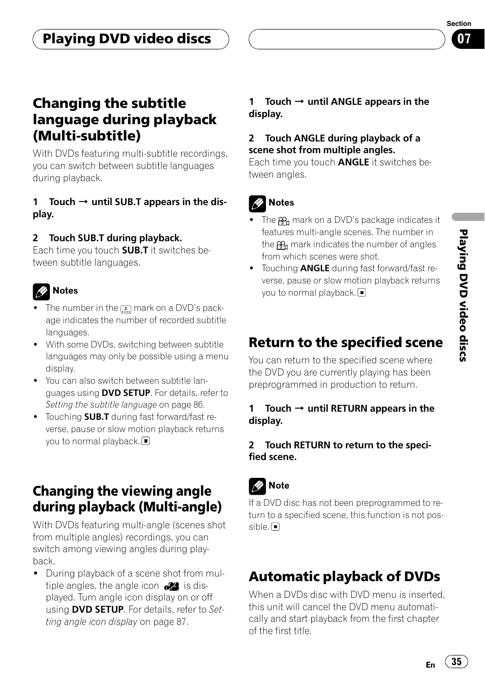 Changing the subtitle language during, Playback (multi-subtitle) 35, Changing the viewing angle during playback | Multi-angle) 35, Return to the specified scene, Automatic playback of dvds, Playing dvd video discs | Pioneer AVH-P5700DVD User Manual | Page 35 / 116