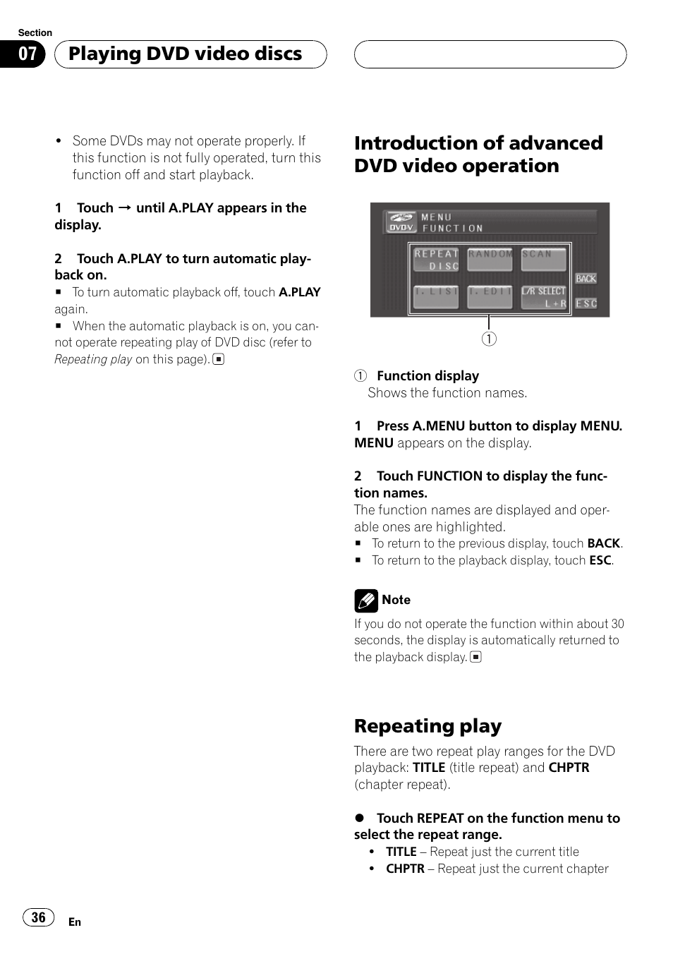 Introduction of advanced dvd video, Operation 36, Repeating play 36 | Introduction of advanced dvd video operation, Repeating play, Playing dvd video discs | Pioneer AVH-P5700DVD User Manual | Page 36 / 116