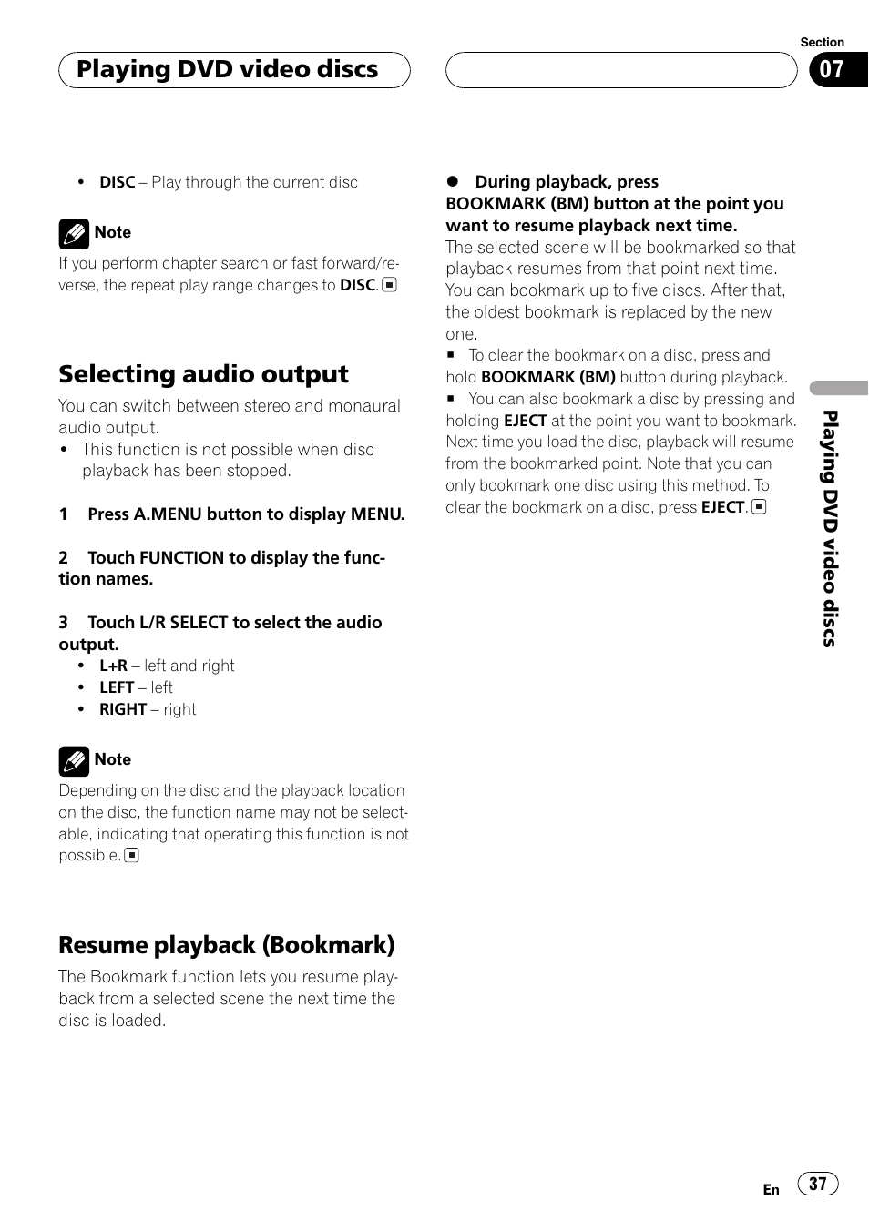 Selecting audio output, Resume playback (bookmark), Playing dvd video discs | Pioneer AVH-P5700DVD User Manual | Page 37 / 116