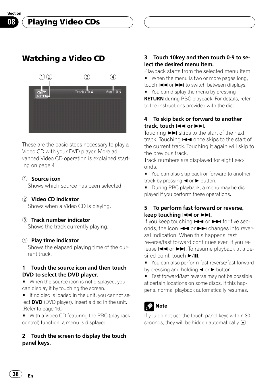 Playing video cds watching a video cd 38, Watching a video cd, Playing video cds | Pioneer AVH-P5700DVD User Manual | Page 38 / 116