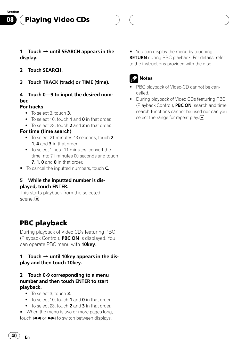 Pbc playback 40, Pbc playback, Playing video cds | Pioneer AVH-P5700DVD User Manual | Page 40 / 116