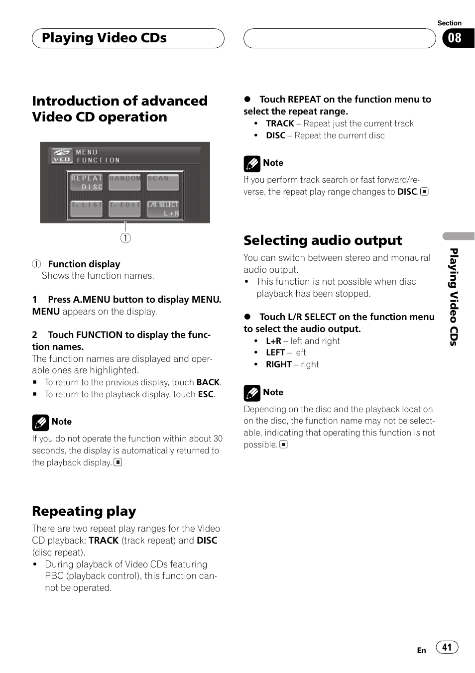 Introduction of advanced video cd, Operation 41, Repeating play 41 selecting audio output 41 | Introduction of advanced video cd operation, Repeating play, Selecting audio output, Playing video cds | Pioneer AVH-P5700DVD User Manual | Page 41 / 116