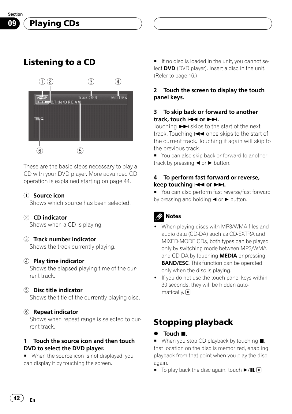Listening to a cd, Stopping playback, Playing cds | Pioneer AVH-P5700DVD User Manual | Page 42 / 116