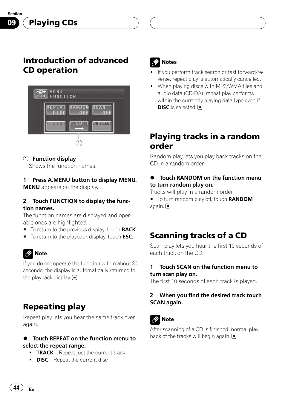 Introduction of advanced cd operation, Repeating play, Playing tracks in a random order | Scanning tracks of a cd, Playing cds | Pioneer AVH-P5700DVD User Manual | Page 44 / 116