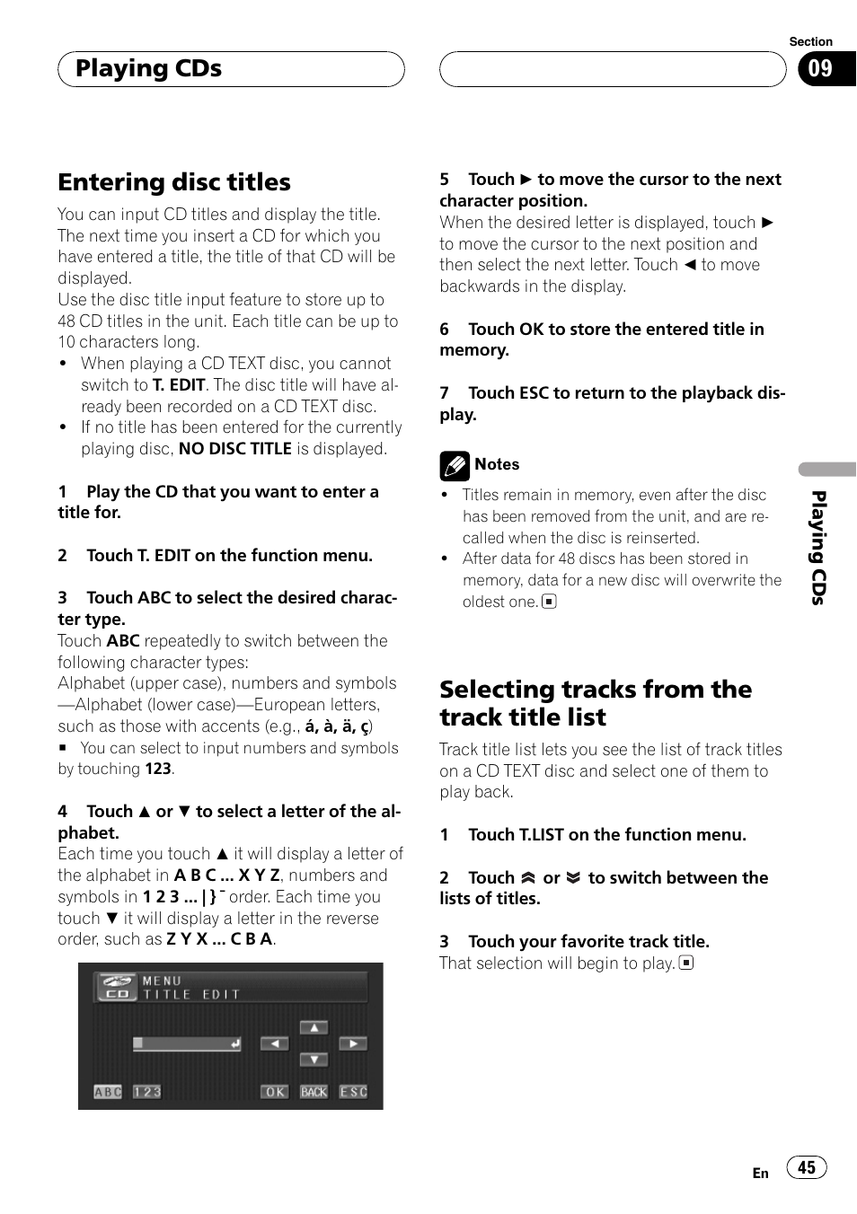 Entering disc titles, Selecting tracks from the track title list, Playing cds | Pioneer AVH-P5700DVD User Manual | Page 45 / 116