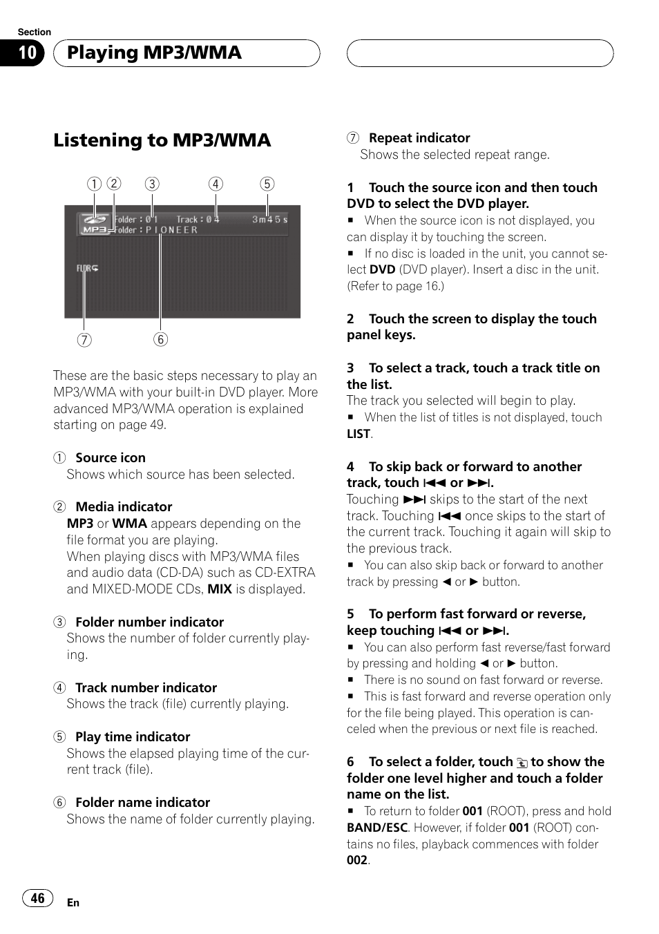 Playing mp3/wma listening to mp3/wma 46, Listening to mp3/wma, Playing mp3/wma | Pioneer AVH-P5700DVD User Manual | Page 46 / 116