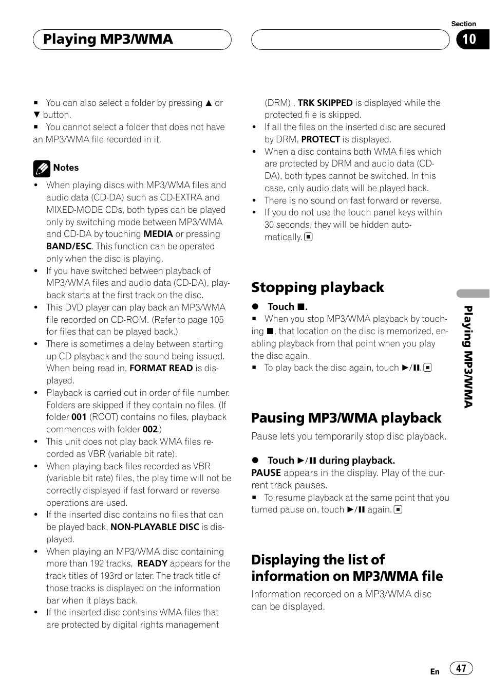 Stopping playback 47 pausing mp3/wma playback 47, Displaying the list of information on mp3, Wma file 47 | Stopping playback, Pausing mp3/wma playback, Displaying the list of information on mp3/wma file, Playing mp3/wma | Pioneer AVH-P5700DVD User Manual | Page 47 / 116