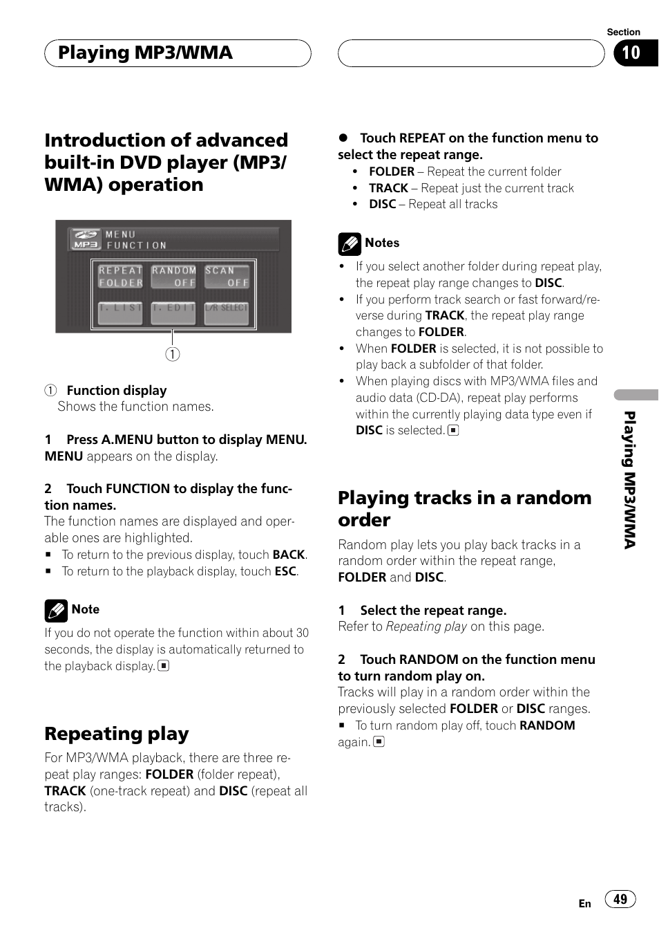 Introduction of advanced built-in dvd player, Mp3/wma) operation 49, Repeating play | Playing tracks in a random order, Playing mp3/wma | Pioneer AVH-P5700DVD User Manual | Page 49 / 116