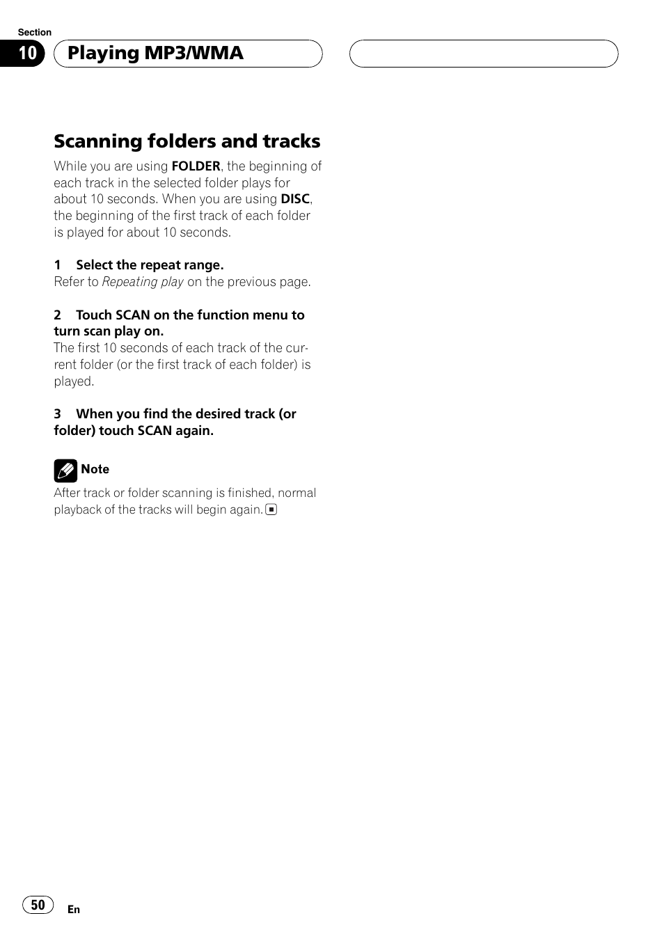 Scanning folders and tracks 50, Scanning folders and tracks, Playing mp3/wma | Pioneer AVH-P5700DVD User Manual | Page 50 / 116