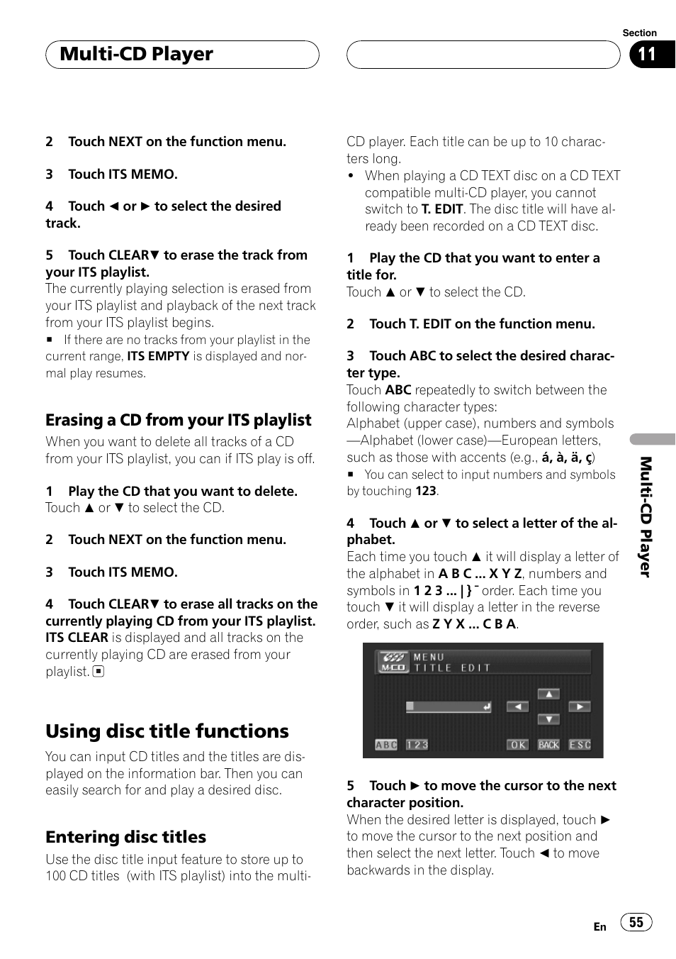 Using disc title functions 55, Using disc title functions, Multi-cd player | Erasing a cd from your its playlist, Entering disc titles | Pioneer AVH-P5700DVD User Manual | Page 55 / 116