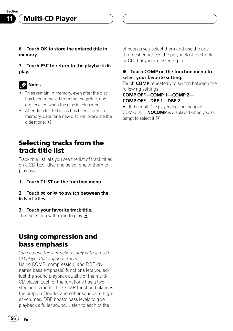 Selecting tracks from the track title list, Using compression and bass emphasis, Multi-cd player | Pioneer AVH-P5700DVD User Manual | Page 56 / 116