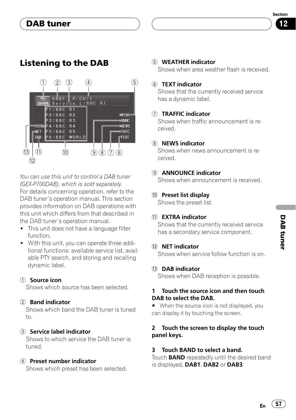 Dab tuner listening to the dab 57, Listening to the dab, Dab tuner | Pioneer AVH-P5700DVD User Manual | Page 57 / 116