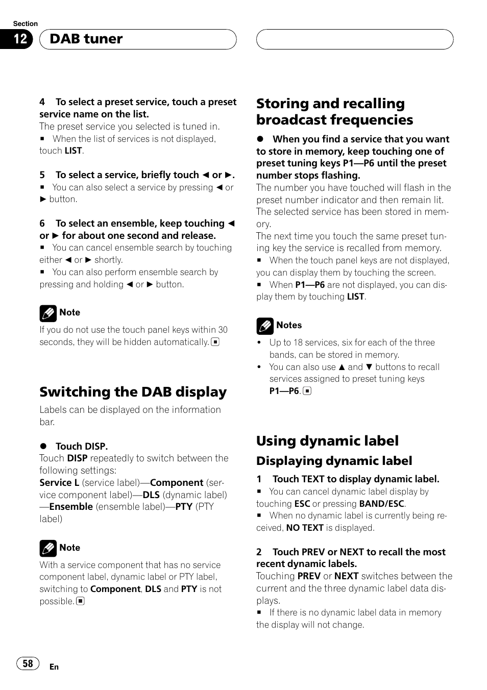 Frequencies 58, Using dynamic label 58, Switching the dab display | Storing and recalling broadcast frequencies, Using dynamic label, Dab tuner, Displaying dynamic label | Pioneer AVH-P5700DVD User Manual | Page 58 / 116
