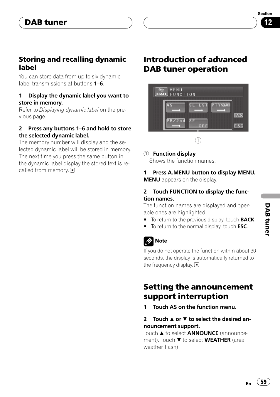 Introduction of advanced dab tuner, Operation 59, Setting the announcement support | Interruption 59, Introduction of advanced dab tuner operation, Setting the announcement support interruption, Dab tuner | Pioneer AVH-P5700DVD User Manual | Page 59 / 116