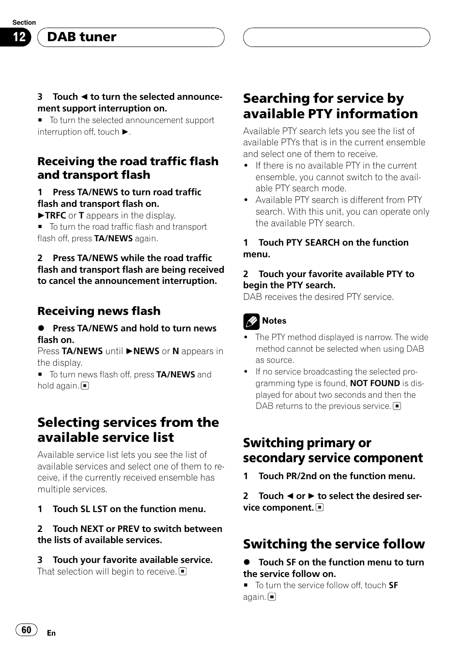 Selecting services from the available service, List 60, Searching for service by available pty | Information 60, Switching primary or secondary service, Component 60, Switching the service follow 60, Selecting services from the available service list, Searching for service by available pty information, Switching primary or secondary service component | Pioneer AVH-P5700DVD User Manual | Page 60 / 116