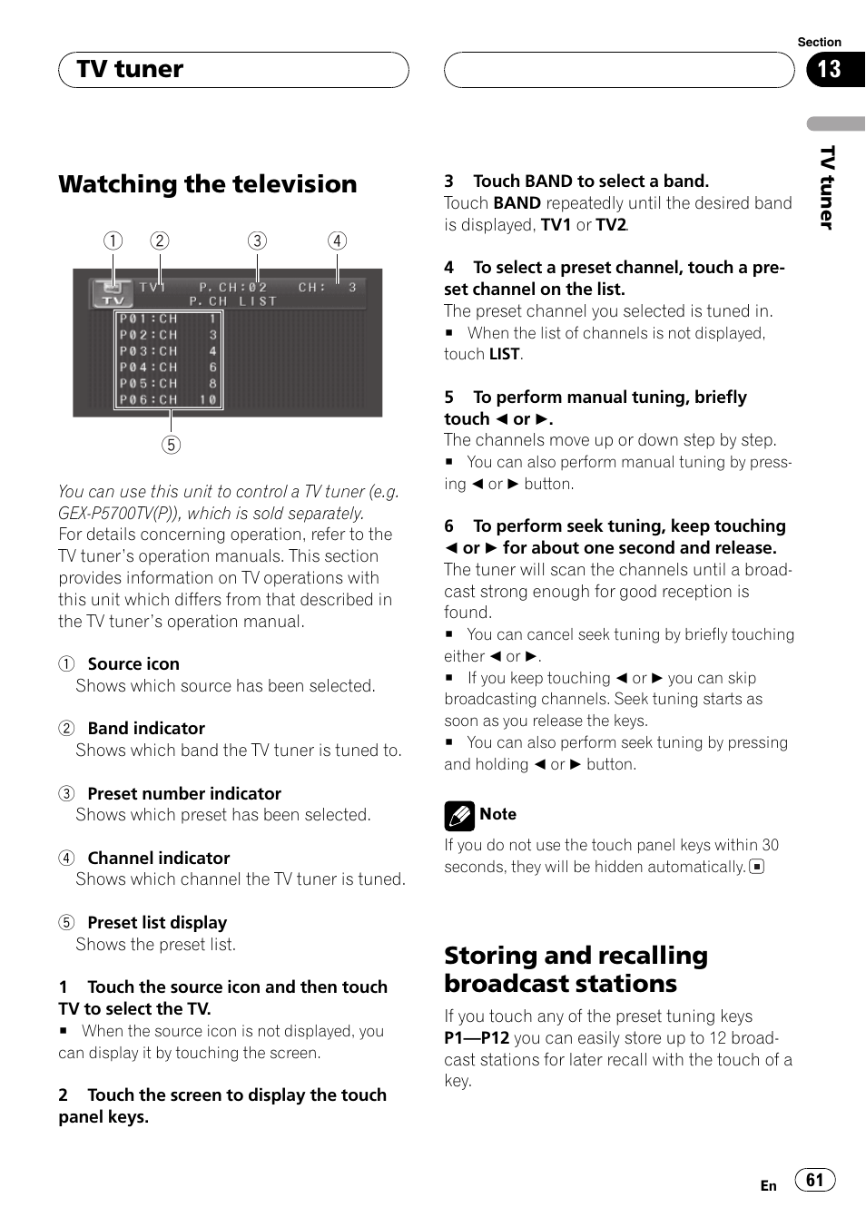 Watching the television, Storing and recalling broadcast stations, Tv tuner | Pioneer AVH-P5700DVD User Manual | Page 61 / 116
