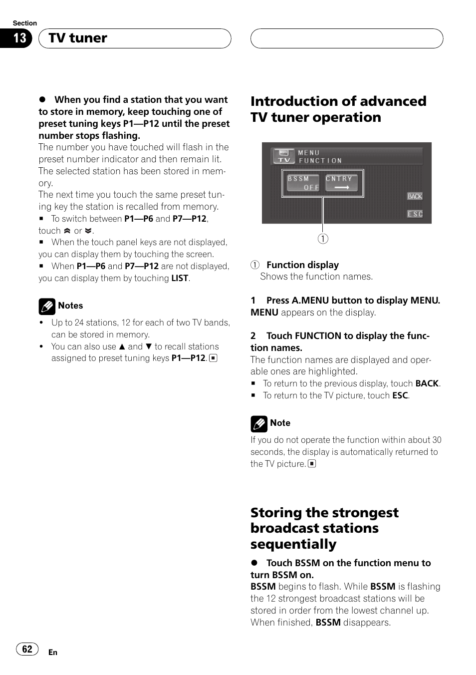 Introduction of advanced tv tuner, Operation 62, Storing the strongest broadcast stations | Sequentially 62, Introduction of advanced tv tuner operation, Tv tuner | Pioneer AVH-P5700DVD User Manual | Page 62 / 116