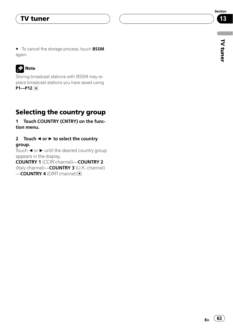 Selecting the country group 63, Selecting the country group, Tv tuner | Pioneer AVH-P5700DVD User Manual | Page 63 / 116