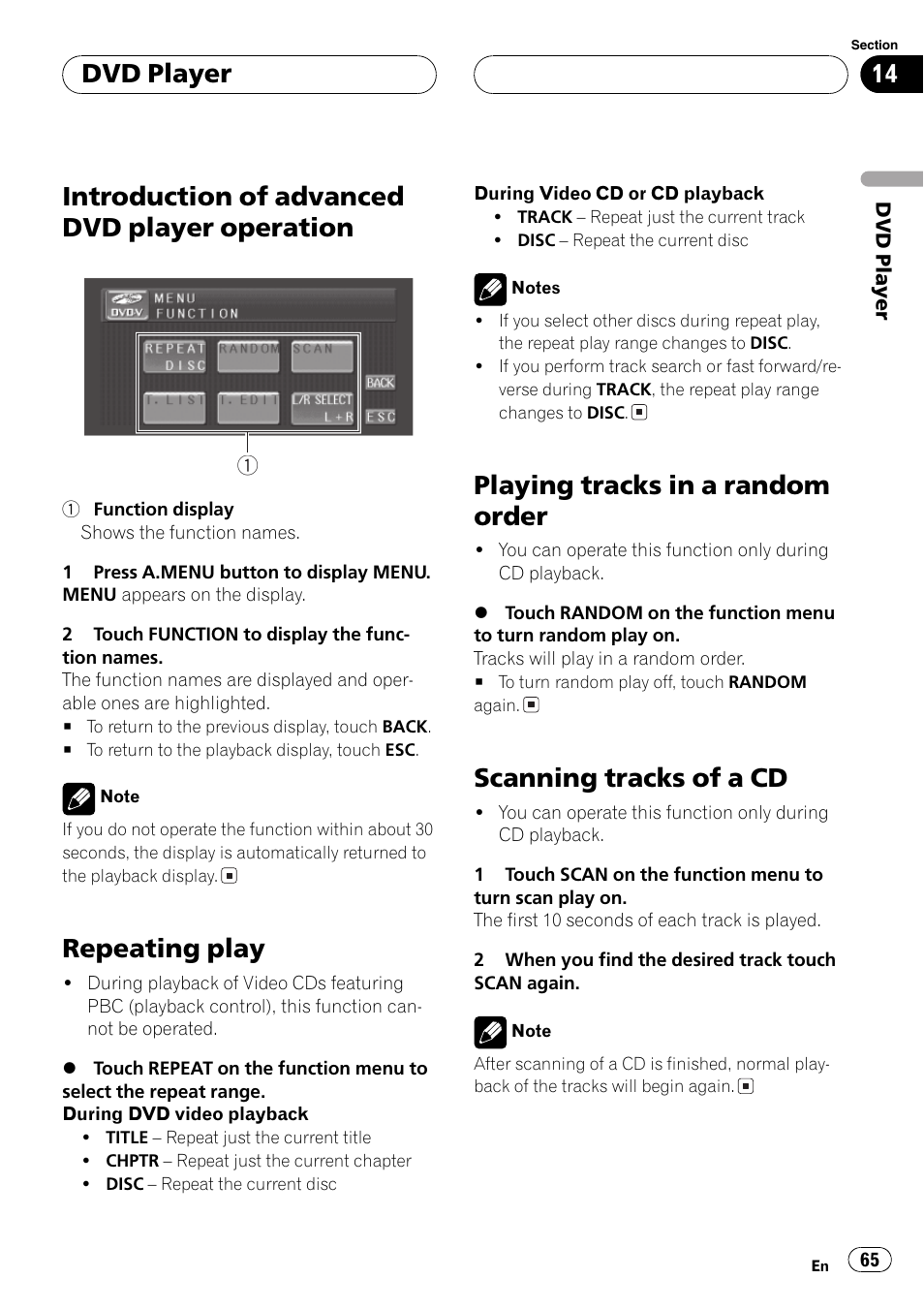 Introduction of advanced dvd player, Operation 65, Introduction of advanced dvd player operation | Repeating play, Playing tracks in a random order, Scanning tracks of a cd, Dvd player | Pioneer AVH-P5700DVD User Manual | Page 65 / 116