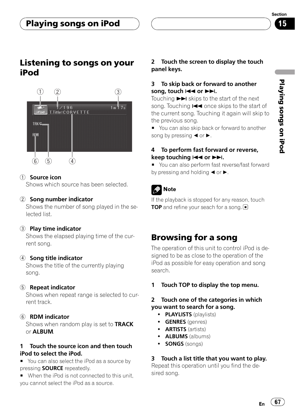 Listening to songs on your ipod, Browsing for a song, Playing songs on ipod | Pioneer AVH-P5700DVD User Manual | Page 67 / 116