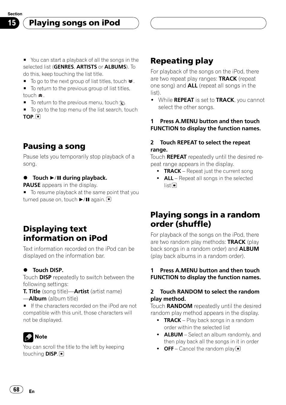Shuffle) 68, Pausing a song, Displaying text information on ipod | Repeating play, Playing songs in a random order (shuffle), Playing songs on ipod | Pioneer AVH-P5700DVD User Manual | Page 68 / 116