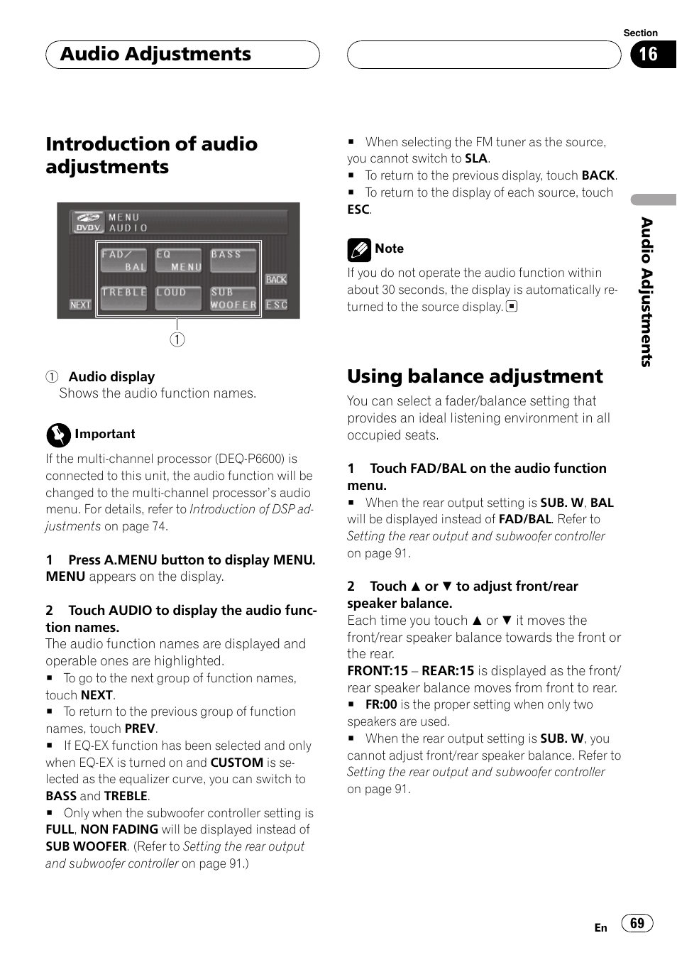 Introduction of audio adjustments, Using balance adjustment, Audio adjustments | Pioneer AVH-P5700DVD User Manual | Page 69 / 116
