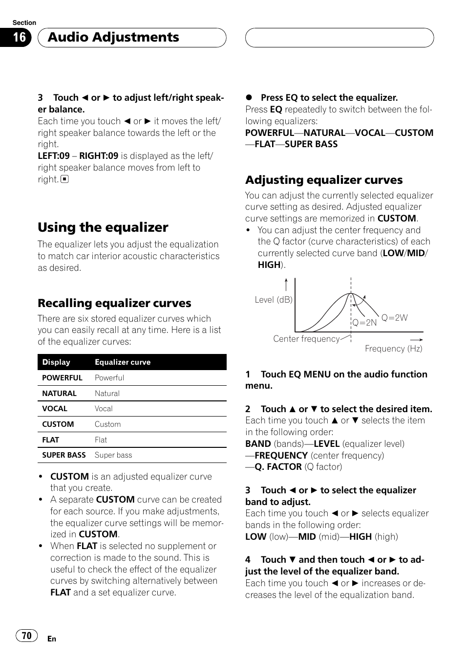 Using the equalizer 70, Using the equalizer, Audio adjustments | Recalling equalizer curves, Adjusting equalizer curves | Pioneer AVH-P5700DVD User Manual | Page 70 / 116