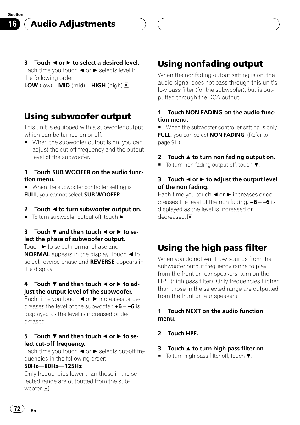 Using subwoofer output 72, Using subwoofer output, Using nonfading output | Using the high pass filter, Audio adjustments | Pioneer AVH-P5700DVD User Manual | Page 72 / 116