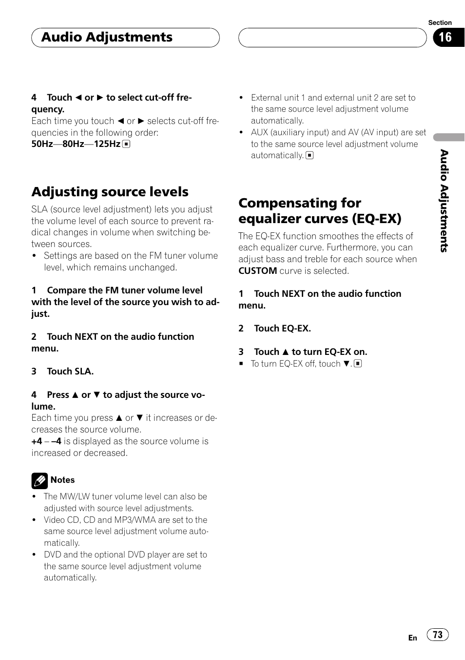 Ex) 73, Adjusting source levels, Compensating for equalizer curves (eq-ex) | Audio adjustments | Pioneer AVH-P5700DVD User Manual | Page 73 / 116