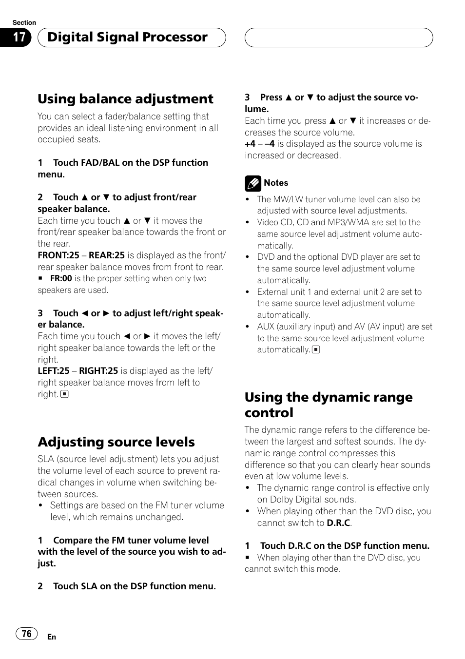 Using balance adjustment, Adjusting source levels, Using the dynamic range control | Digital signal processor | Pioneer AVH-P5700DVD User Manual | Page 76 / 116