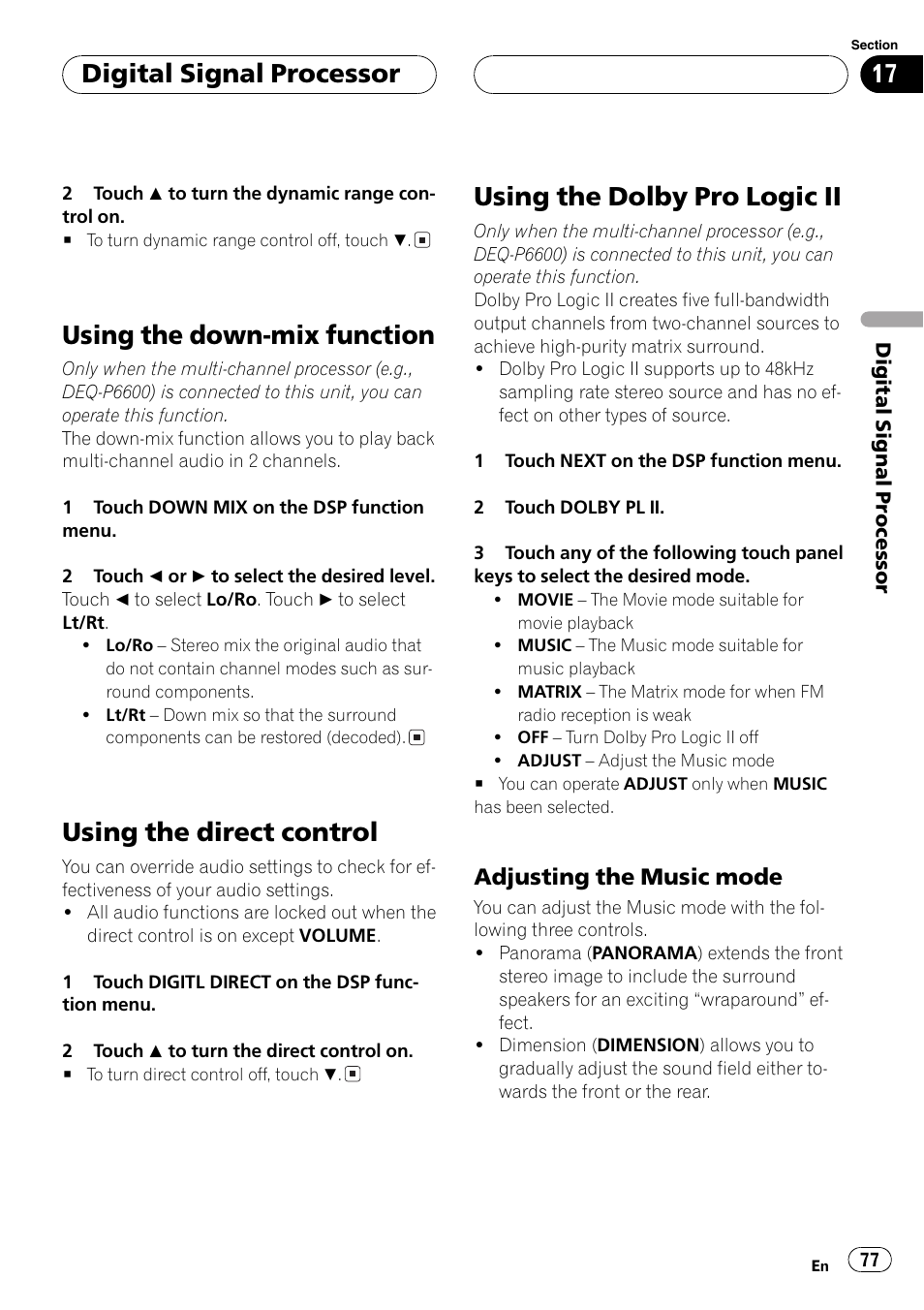 Using the down-mixfunction, Using the direct control, Using the dolby pro logic ii | Digital signal processor, Adjusting the music mode | Pioneer AVH-P5700DVD User Manual | Page 77 / 116