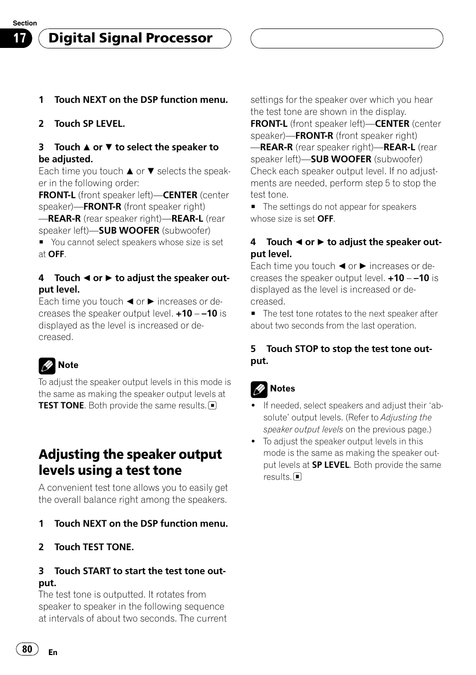 Adjusting the speaker output levels using a, Test tone 80, Test tone | Digital signal processor | Pioneer AVH-P5700DVD User Manual | Page 80 / 116