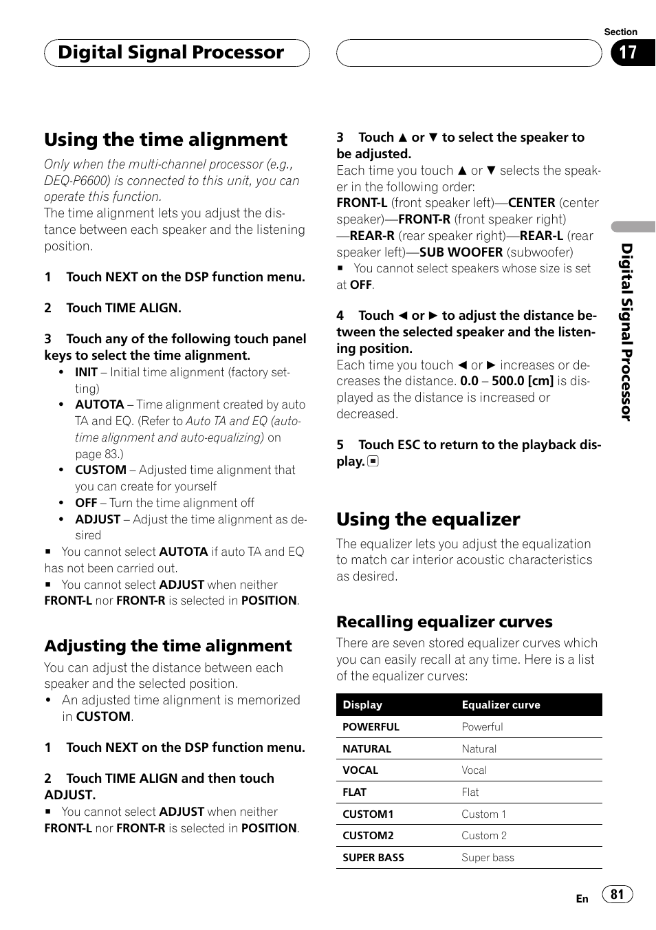 Using the time alignment 81 using the equalizer 81, Adjusting the time alignment, Using the time alignment | Using the equalizer, Digital signal processor, Recalling equalizer curves | Pioneer AVH-P5700DVD User Manual | Page 81 / 116