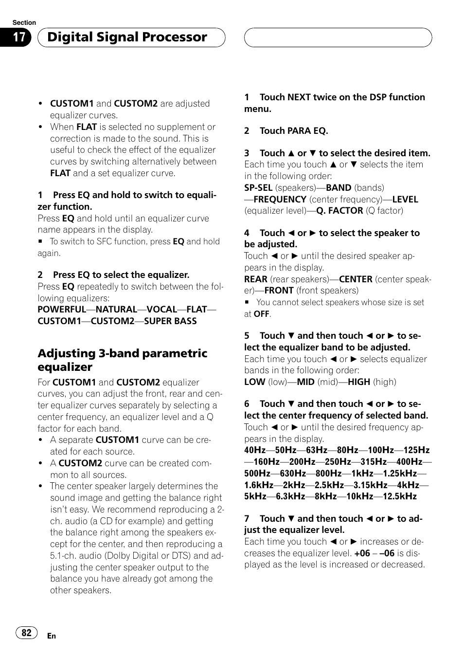 Adjusting 3-band parametric equalizer, Digital signal processor | Pioneer AVH-P5700DVD User Manual | Page 82 / 116