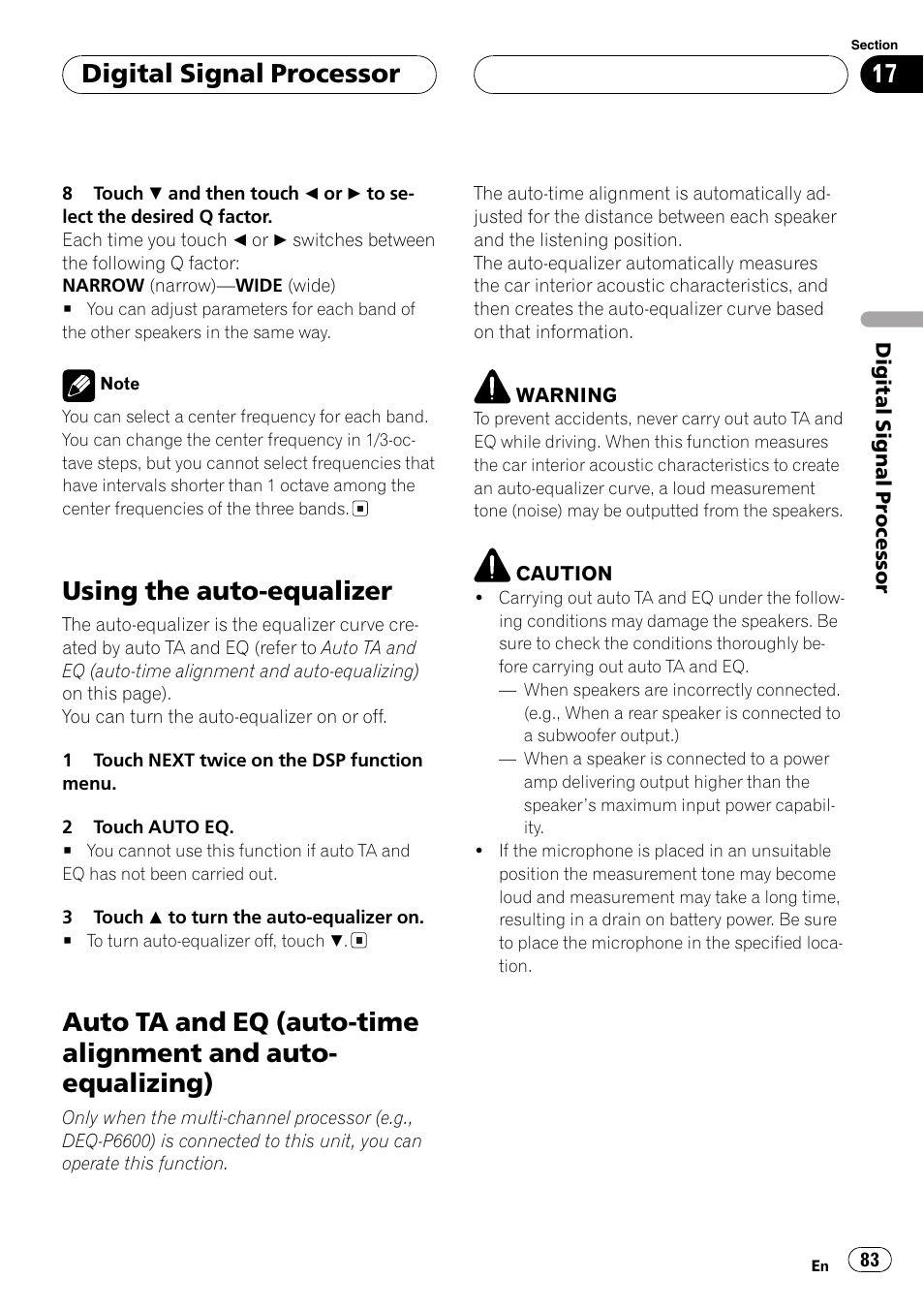 Auto-equalizing) 83, Auto ta and eq (auto-time alignment and auto, Equalizing) | Using the auto-equalizer, Digital signal processor | Pioneer AVH-P5700DVD User Manual | Page 83 / 116