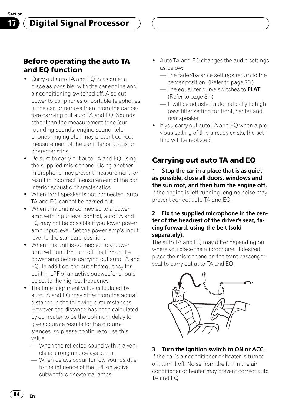 Digital signal processor, Before operating the auto ta and eq function, Carrying out auto ta and eq | Pioneer AVH-P5700DVD User Manual | Page 84 / 116