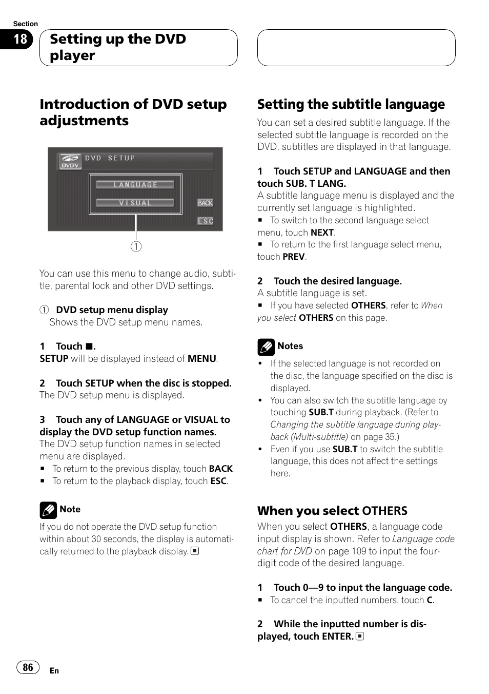 Introduction of dvd setup adjustments, Setting the subtitle language, Setting up the dvd player | Pioneer AVH-P5700DVD User Manual | Page 86 / 116
