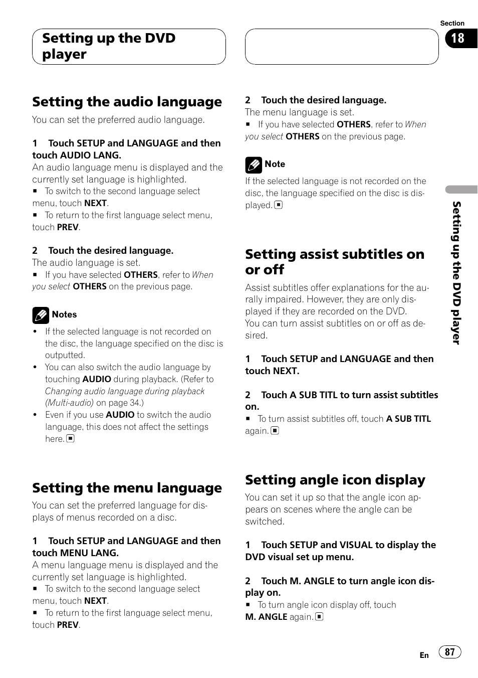 Setting the audio language, Setting the menu language, Setting assist subtitles on or off | Setting angle icon display, Setting up the dvd player | Pioneer AVH-P5700DVD User Manual | Page 87 / 116