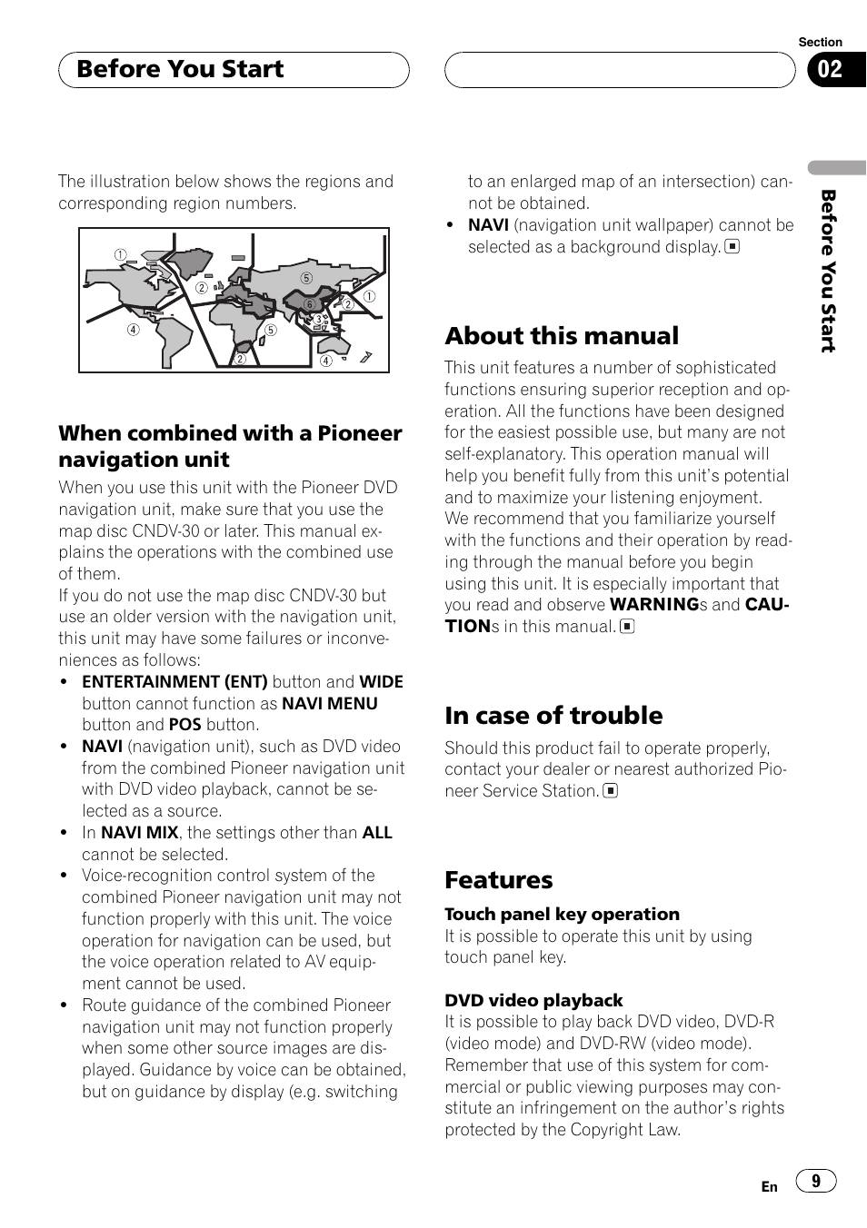 About this manual, Features, Before you start | Pioneer AVH-P5700DVD User Manual | Page 9 / 116