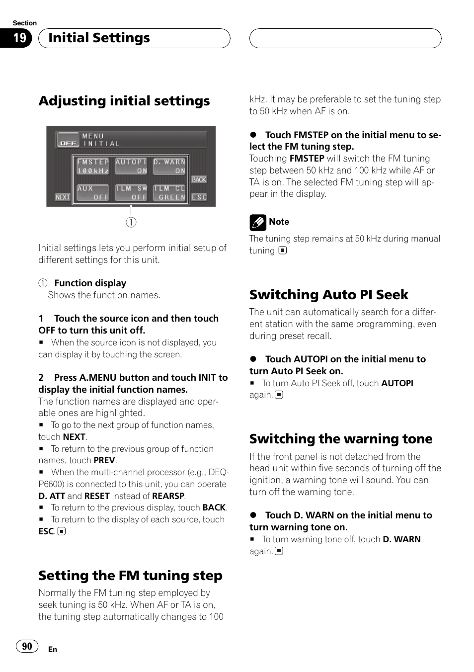 Initial settings adjusting initial settings 90, Adjusting initial settings, Setting the fm tuning step | Switching auto pi seek, Switching the warning tone, Initial settings | Pioneer AVH-P5700DVD User Manual | Page 90 / 116
