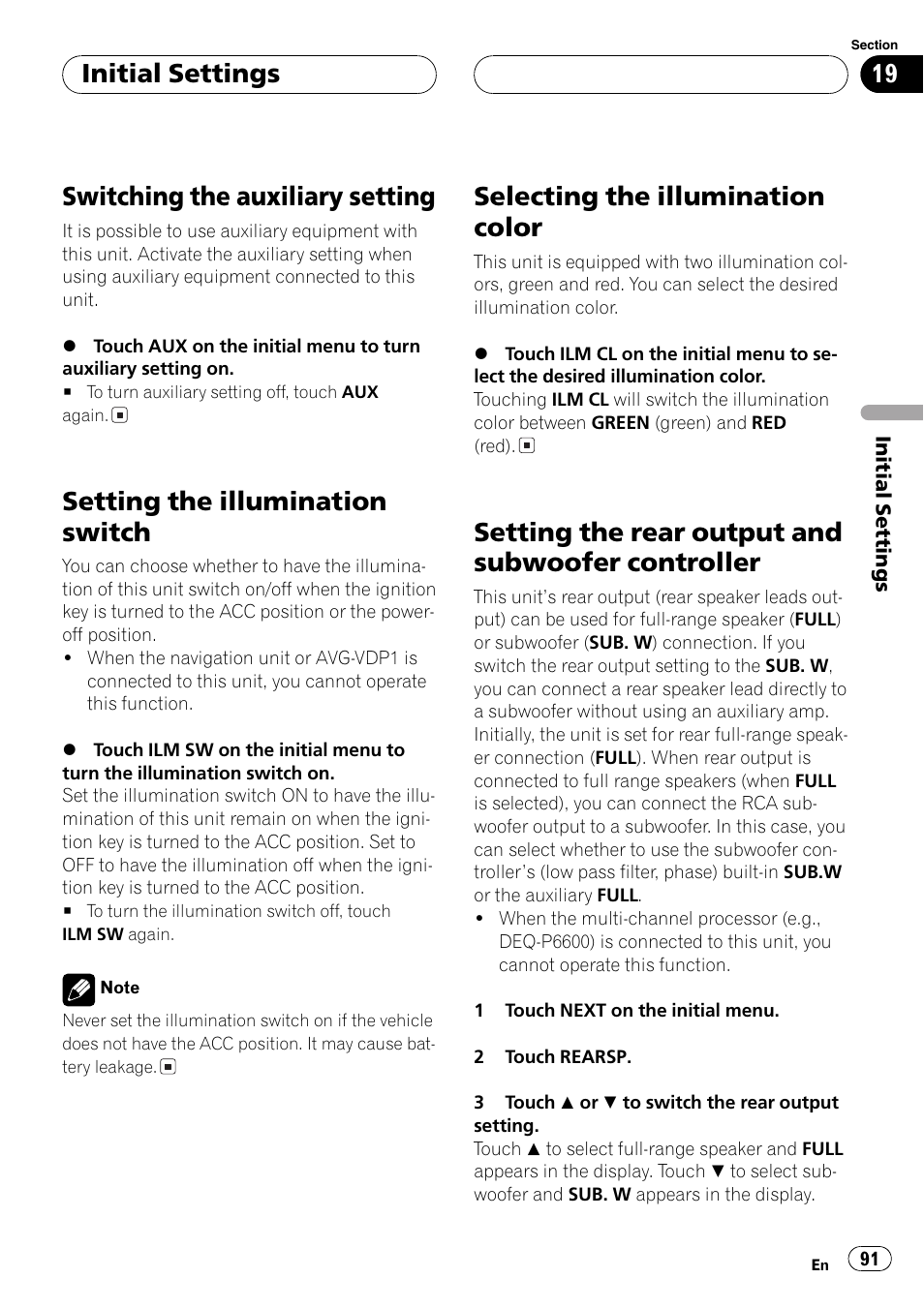 Controller 91, Switching the auxiliary setting, Setting the illumination switch | Selecting the illumination color, Setting the rear output and subwoofer controller, Initial settings | Pioneer AVH-P5700DVD User Manual | Page 91 / 116