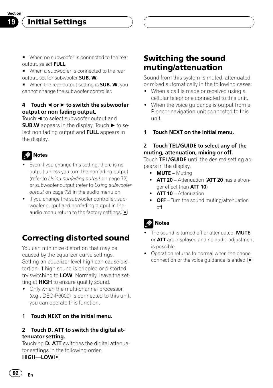 Correcting distorted sound, Switching the sound muting/attenuation, Initial settings | Pioneer AVH-P5700DVD User Manual | Page 92 / 116