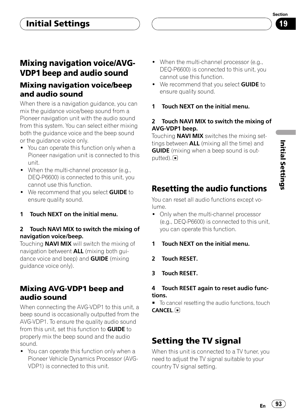 Mixing navigation voice/avg-vdp1 beep and, Audio sound 93, Resetting the audio functions | Setting the tv signal, Initial settings | Pioneer AVH-P5700DVD User Manual | Page 93 / 116