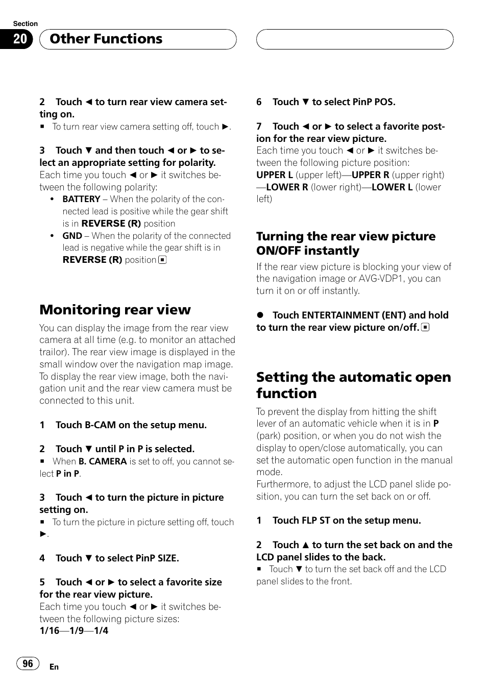 Monitoring rear view, Setting the automatic open function, Other functions | Turning the rear view picture on/off instantly | Pioneer AVH-P5700DVD User Manual | Page 96 / 116