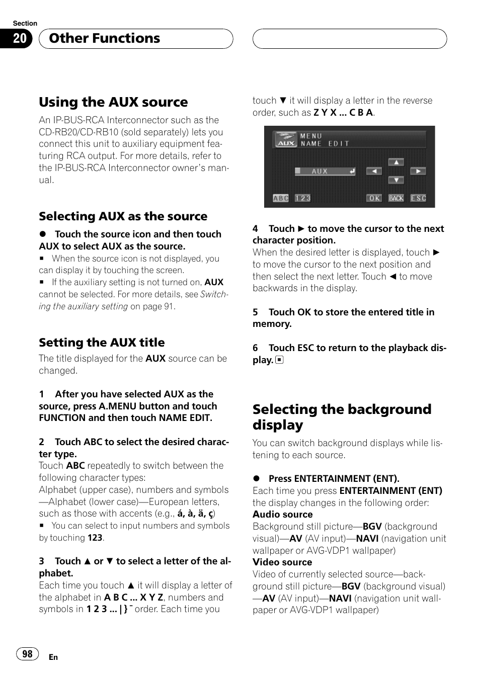 Using the aux source, Selecting the background display, Other functions | Pioneer AVH-P5700DVD User Manual | Page 98 / 116