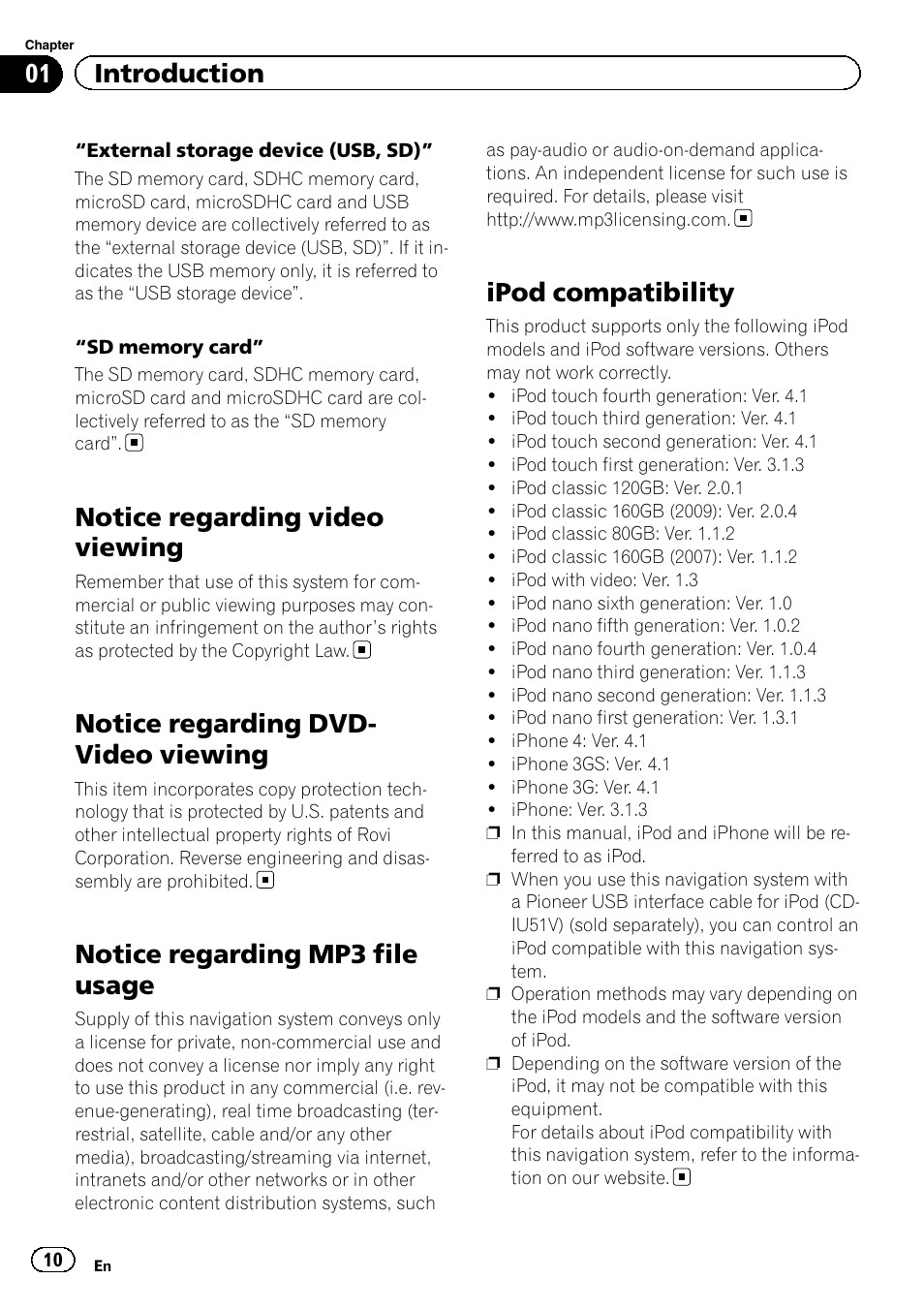 Notice regarding video viewing, Notice regarding dvd-video viewing, Notice regarding mp3 file usage | Ipod compatibility, Notice regarding dvd- video viewing, 01 introduction | Pioneer SUPER TUNER IIID AVIC-X9310BT User Manual | Page 10 / 232