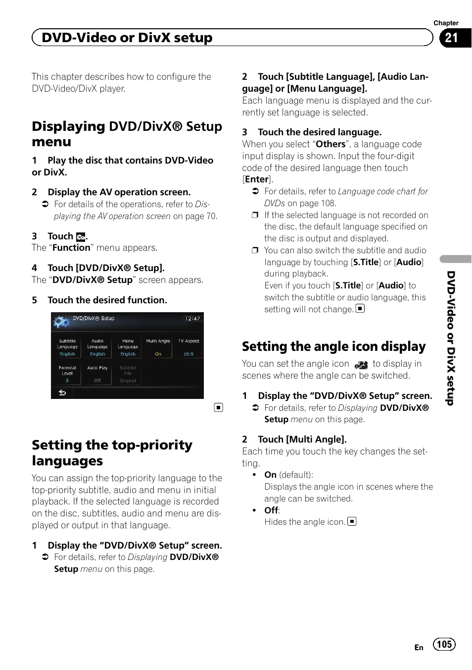 Setting the top-priority languages, Setting the angle icon display, Setting the angle icon | Displaying dvd/divx® setup menu, Dvd-video or divx setup | Pioneer SUPER TUNER IIID AVIC-X9310BT User Manual | Page 105 / 232