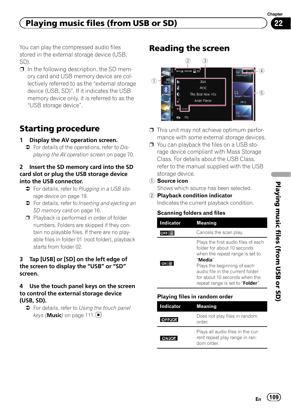 Reading the screen, Starting procedure, Playing music files (from usb or sd) | Pioneer SUPER TUNER IIID AVIC-X9310BT User Manual | Page 109 / 232